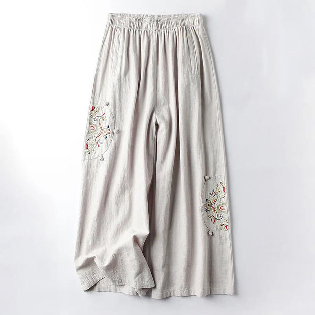 Buddha Stones Spring Ethnic Embroidery Cotton Linen Women's Wide Leg Pants With Pockets