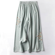 Buddha Stones Spring Ethnic Embroidery Cotton Linen Women's Wide Leg Pants With Pockets