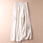 Buddha Stones Spring Ethnic Embroidery Cotton Linen Women's Wide Leg Pants With Pockets