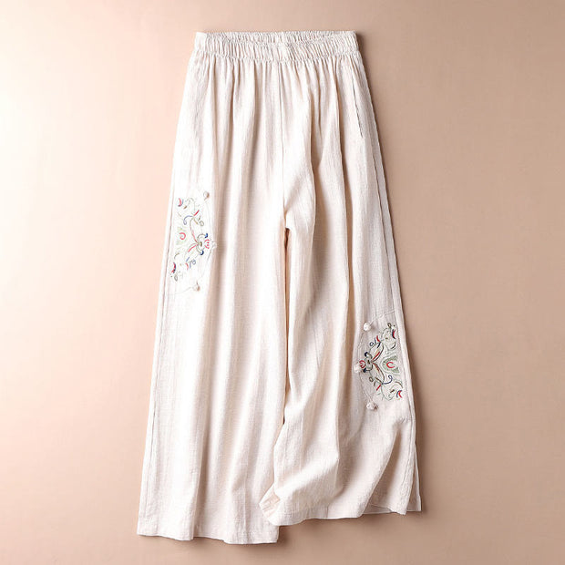 Buddha Stones Spring Ethnic Embroidery Cotton Linen Women's Wide Leg Pants With Pockets