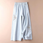 Buddha Stones Spring Ethnic Embroidery Cotton Linen Women's Wide Leg Pants With Pockets