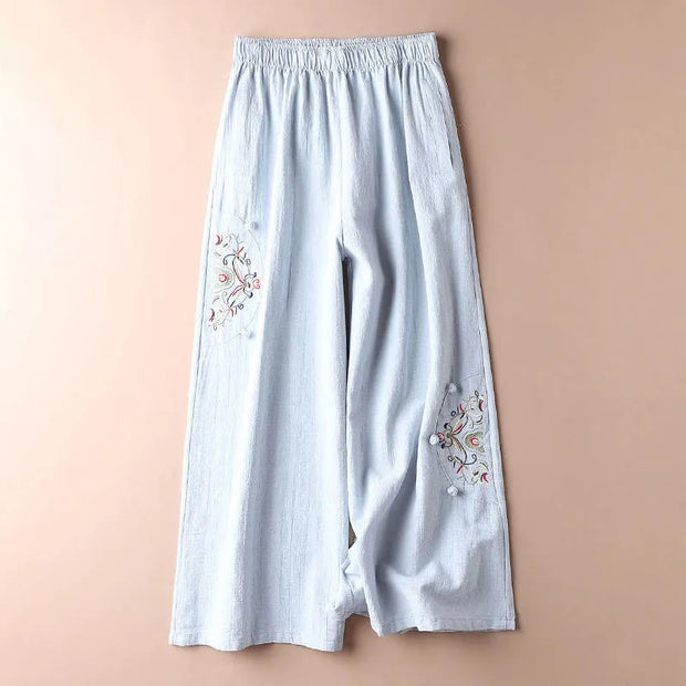 Buddha Stones Spring Ethnic Embroidery Cotton Linen Women's Wide Leg Pants With Pockets