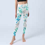 Buddha Stones Blue Watercolor Peony Flowers Lines Pattern Print Gym Leggings Women's Yoga Pants - image 6