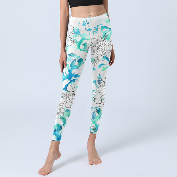 Buddha Stones Blue Watercolor Peony Flowers Lines Pattern Print Gym Leggings Women's Yoga Pants - image 6