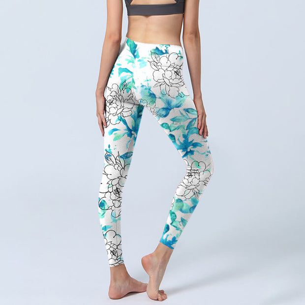 Buddha Stones Blue Watercolor Peony Flowers Lines Pattern Print Gym Leggings Women's Yoga Pants - image 5