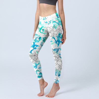 Buddha Stones Blue Watercolor Peony Flowers Lines Pattern Print Gym Leggings Women's Yoga Pants - AliceBlue - US18，UK/AU22，EU50 (4XL) - image 1