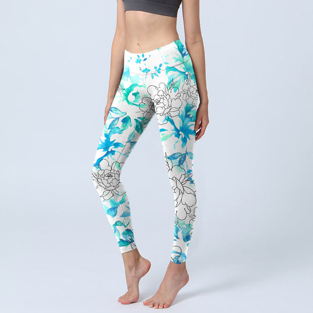 Buddha Stones Blue Watercolor Peony Flowers Lines Pattern Print Gym Leggings Women's Yoga Pants - AliceBlue - US18，UK/AU22，EU50 (4XL) - image 1
