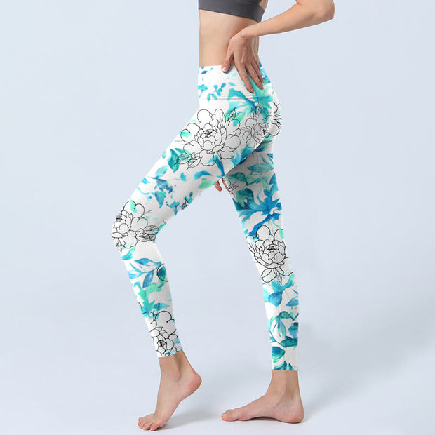 Buddha Stones Blue Watercolor Peony Flowers Lines Pattern Print Gym Leggings Women's Yoga Pants - image 3