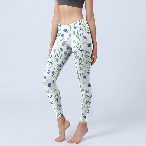 Buddha Stones White Flowers Leaf Pattern Print Gym Leggings Women's Yoga Pants - AliceBlue - US18，UK/AU22，EU50 (4XL) - image 1