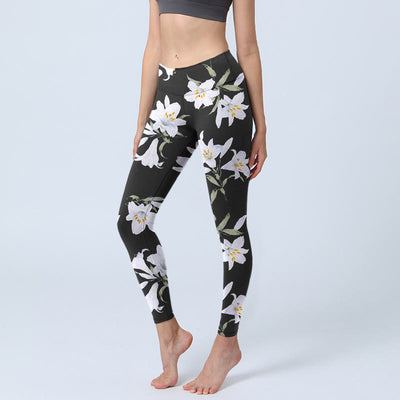 Buddha Stones Black Lily Flower Leaf Pattern Print Gym Leggings Women's Yoga Pants - Black - US18，UK/AU22，EU50 (4XL) - image 1