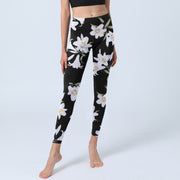 Buddha Stones Black Lily Flower Leaf Pattern Print Gym Leggings Women's Yoga Pants - image 6
