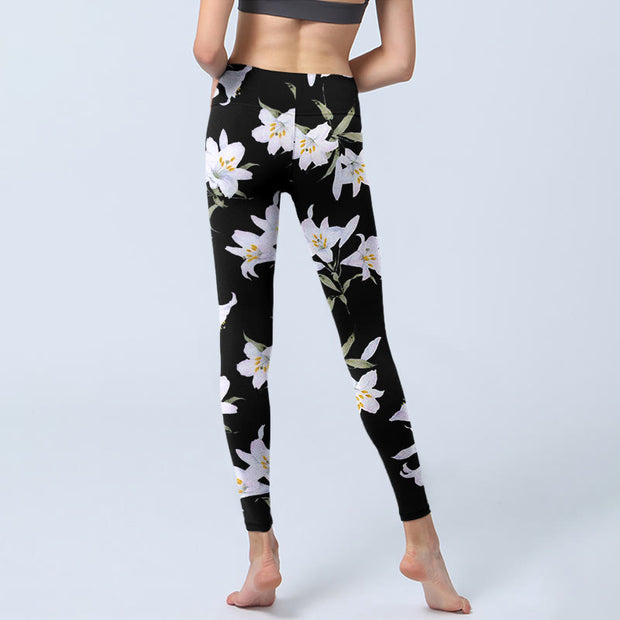 lily white leggings Buddha Stones Black Lily Flower Leaf Pattern Print Gym Leggings Women' – buddhastoneshop