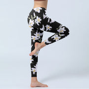 Buddha Stones Black Lily Flower Leaf Pattern Print Gym Leggings Women's Yoga Pants - image 4