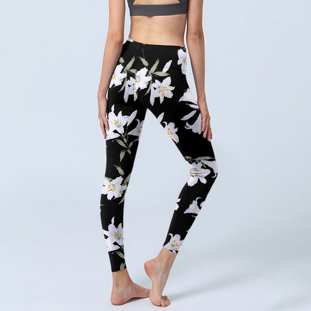 Buddha Stones Black Lily Flower Leaf Pattern Print Gym Leggings Women's Yoga Pants - image 5