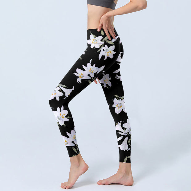 Buddha Stones Black Lily Flower Leaf Pattern Print Gym Leggings Women's Yoga Pants - image 3
