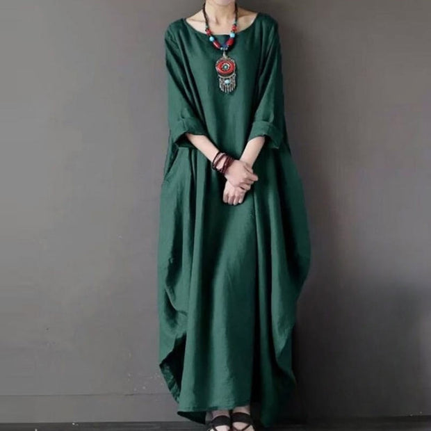 Buddha Stones Solid Color Three Quarter Sleeve Cotton Women's Maxi Dress - DarkGreen - US16，UK/AU20，EU48 (5XL) - image 9
