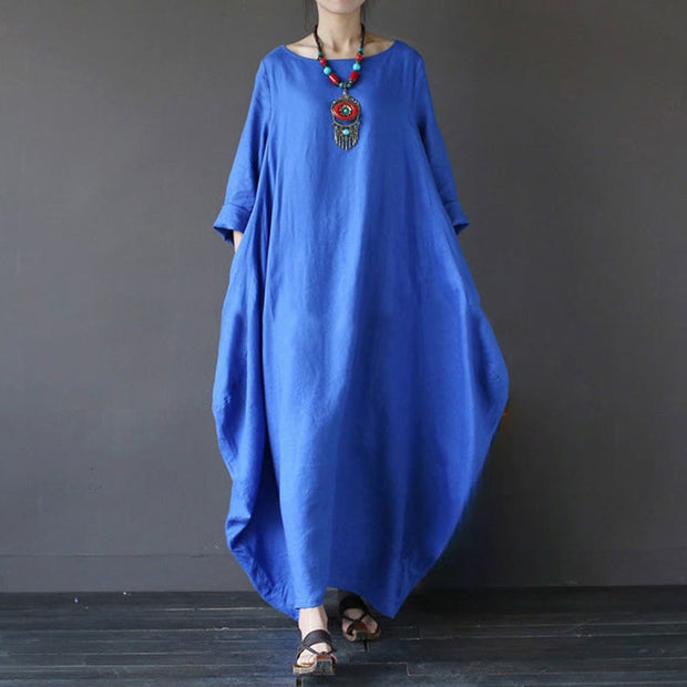 Buddha Stones Solid Color Three Quarter Sleeve Cotton Women's Maxi Dress - Blue - US16，UK/AU20，EU48 (5XL) - image 10