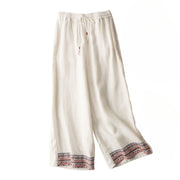 Buddha Stones Casual Embroidery Bohemian Pattern Drawstring Cotton Linen Women's Wide Leg Pants With Pockets