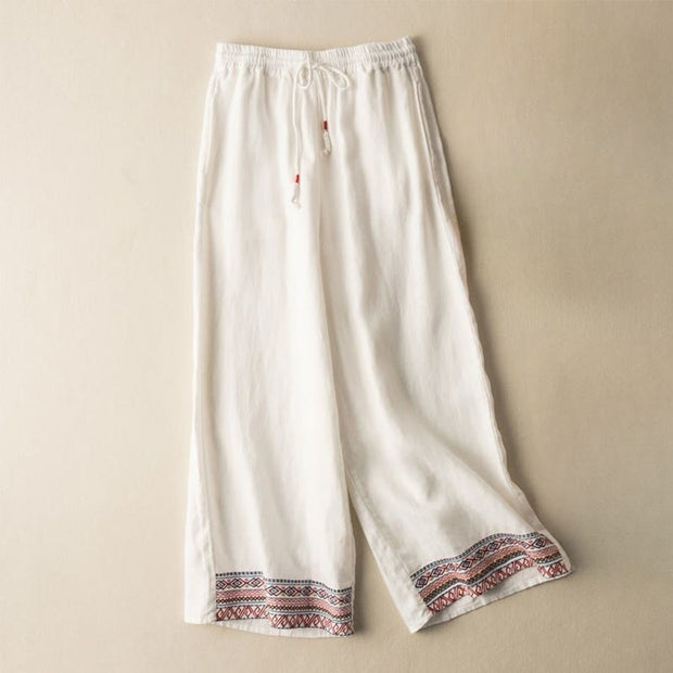 Buddha Stones Casual Embroidery Bohemian Pattern Drawstring Cotton Linen Women's Wide Leg Pants With Pockets