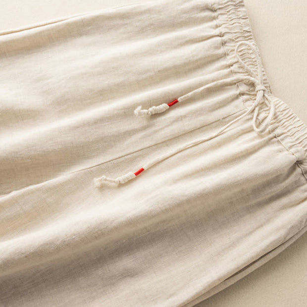 Buddha Stones Casual Embroidery Bohemian Pattern Drawstring Cotton Linen Women's Wide Leg Pants With Pockets