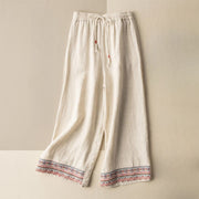 Buddha Stones Casual Embroidery Bohemian Pattern Drawstring Cotton Linen Women's Wide Leg Pants With Pockets