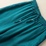 Buddha Stones Casual Embroidery Bohemian Pattern Drawstring Cotton Linen Women's Wide Leg Pants With Pockets