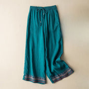 Buddha Stones Casual Embroidery Bohemian Pattern Drawstring Cotton Linen Women's Wide Leg Pants With Pockets