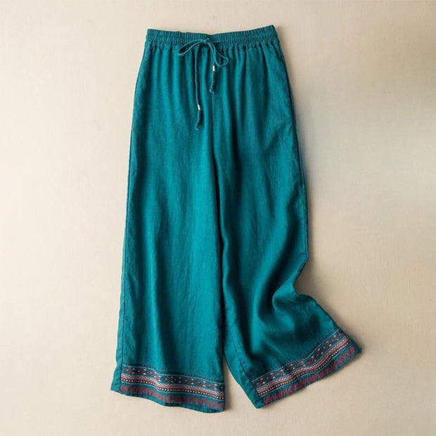 Buddha Stones Casual Embroidery Bohemian Pattern Drawstring Cotton Linen Women's Wide Leg Pants With Pockets
