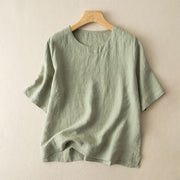 Buddha Stones Simple Plain Short Sleeve Crew Neck Side Slit Cotton Linen Women's T-Shirt