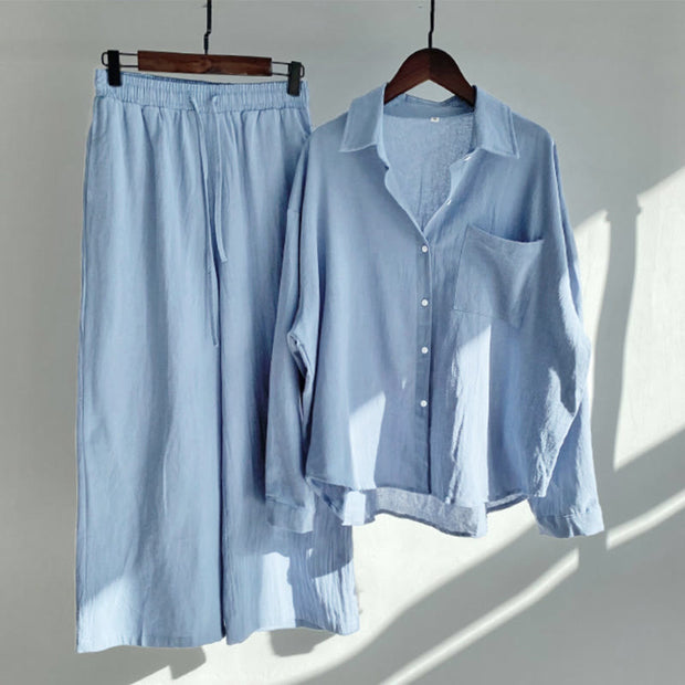Buddha Stones 2Pcs Long Sleeve Shirt Top With Pockets Drawstring Pants Meditation Cotton Linen Clothing Women's Set - LightSteelBlue - US20，UK/AU24，EU52 (5XL) - image 5