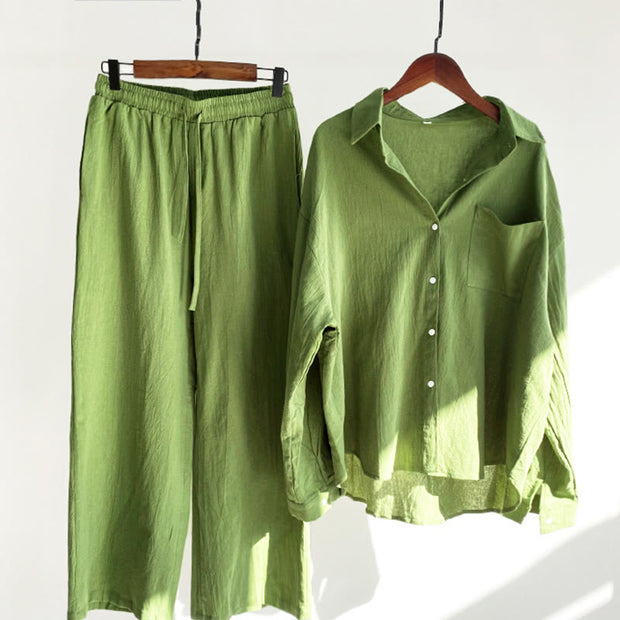 Buddha Stones 2Pcs Long Sleeve Shirt Top With Pockets Drawstring Pants Meditation Cotton Linen Clothing Women's Set - LimeGreen - US20，UK/AU24，EU52 (5XL) - image 1