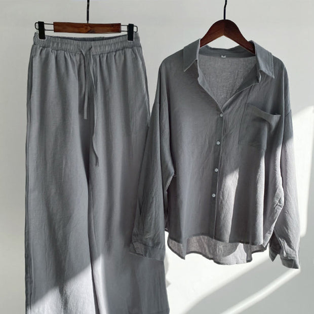 Buddha Stones 2Pcs Long Sleeve Shirt Top With Pockets Drawstring Pants Meditation Cotton Linen Clothing Women's Set - Gray - US20，UK/AU24，EU52 (5XL) - image 12