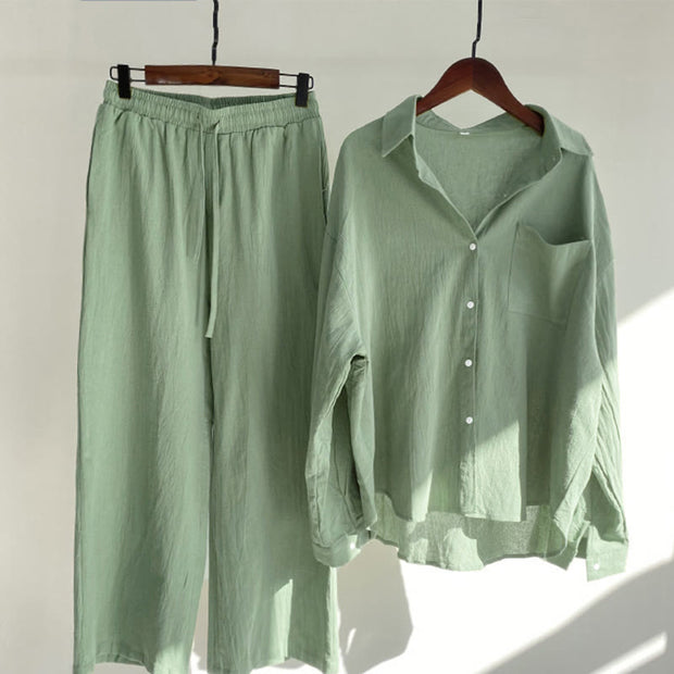 Buddha Stones 2Pcs Long Sleeve Shirt Top With Pockets Drawstring Pants Meditation Cotton Linen Clothing Women's Set - LightGreen - US20，UK/AU24，EU52 (5XL) - image 11