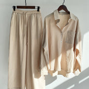 Buddha Stones 2Pcs Long Sleeve Shirt Top With Pockets Drawstring Pants Meditation Cotton Linen Clothing Women's Set - LightGoldenrodYellow - US20，UK/AU24，EU52 (5XL) - image 3