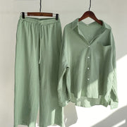 Buddha Stones 2Pcs Long Sleeve Shirt Top With Pockets Drawstring Pants Meditation Cotton Linen Clothing Women's Set