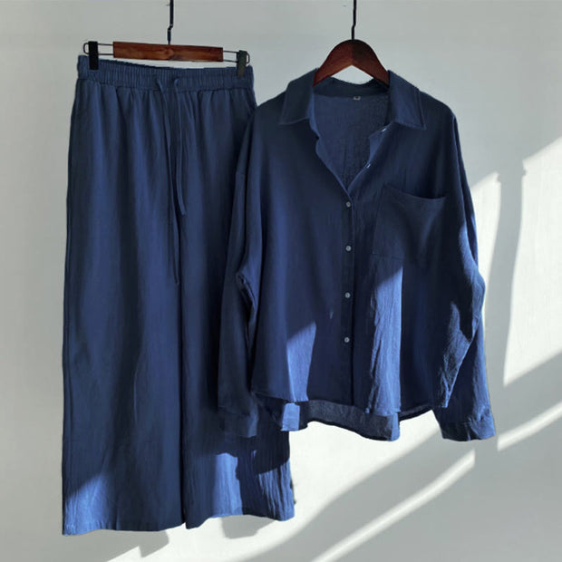 Buddha Stones 2Pcs Long Sleeve Shirt Top With Pockets Drawstring Pants Meditation Cotton Linen Clothing Women's Set - DarkBlue - US20，UK/AU24，EU52 (5XL) - image 6