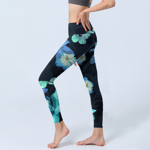 Buddha Stones Green Blue Floral Print Exercise Leggings Women's Yoga Pants - image 3