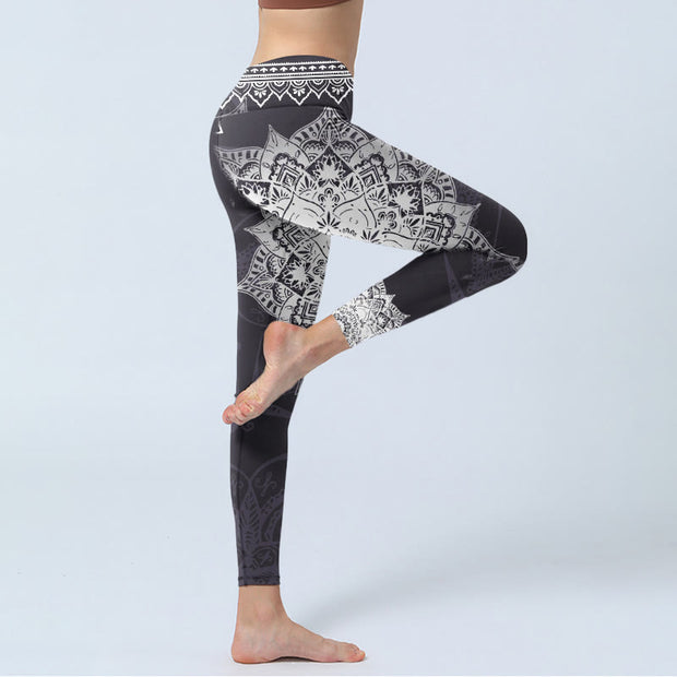 Buddha Stones Black Mandala Flowers Print Exercise Leggings Women's Yoga Pants - image 4