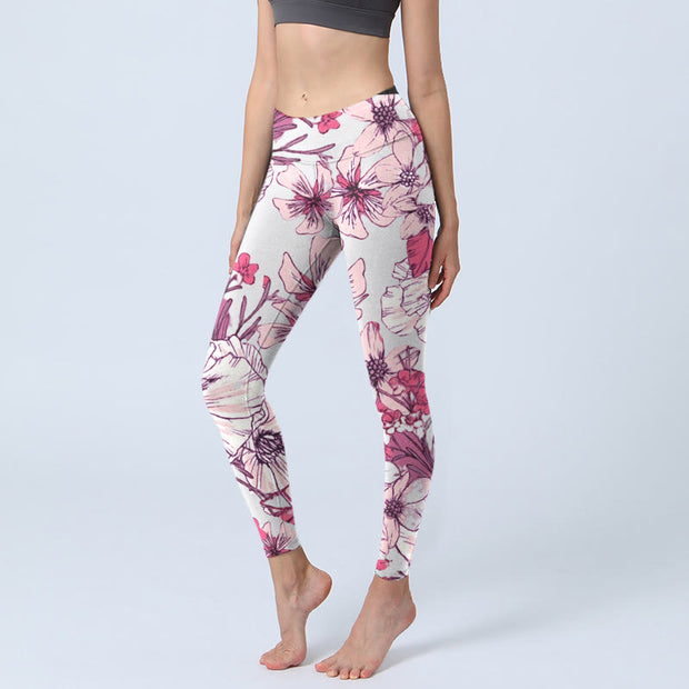 Buddha Stones Pink Rose Red Flowers Print Exercise Leggings Women's Yoga Pants - Beige - US18，UK/AU22，EU50 (4XL) - image 1