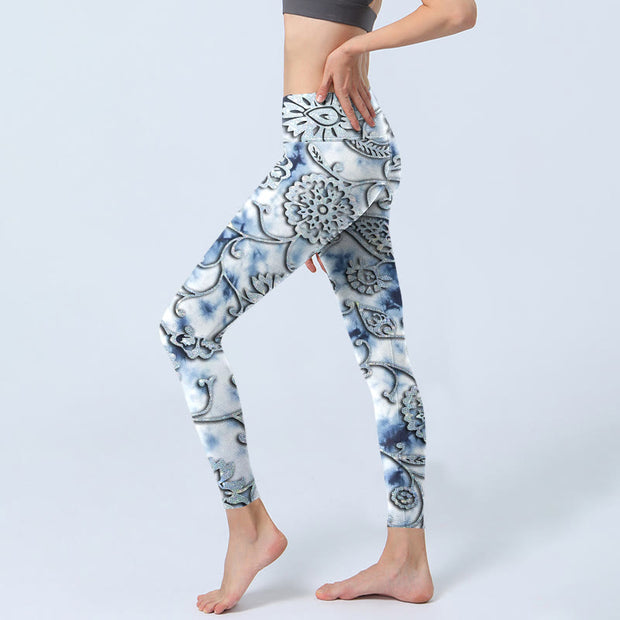 Buddha Stones White Round Flowers Print Exercise Leggings Women's Yoga Pants - image 3