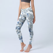 Buddha Stones White Round Flowers Print Exercise Leggings Women's Yoga Pants - Snow - US18，UK/AU22，EU50 (4XL) - image 1