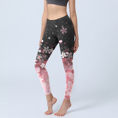 Buddha Stones Pink Cherry Blossoms Print Exercise Leggings Women's Yoga Pants - Black - US18，UK/AU22，EU50 (4XL) - image 1