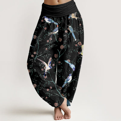Buddha Stones Casual Bird Flowers Leaf Pattern Women's Elastic Waist Harem Pants - Black - US22，UK/AU26，EU54 (6XL) - image 1