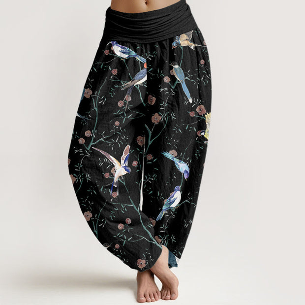 Buddha Stones Casual Bird Flowers Leaf Pattern Women's Elastic Waist Harem Pants - Black - US22，UK/AU26，EU54 (6XL) - image 1
