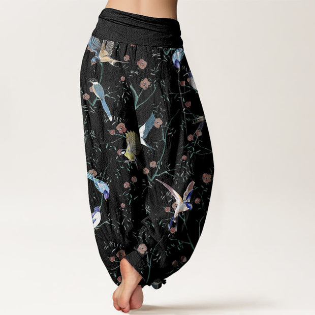 Buddha Stones Casual Bird Flowers Leaf Pattern Women's Elastic Waist Harem Pants - image 3