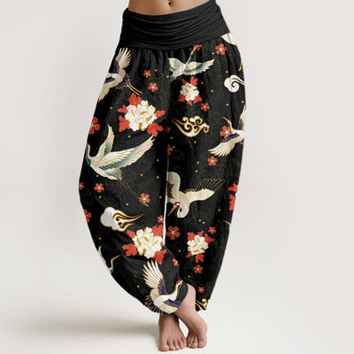 Buddha Stones Casual Red-Crowned Crane Peony Flower Cherry Blossom Pattern Women's Elastic Waist Harem Pants - Black - US22，UK/AU26，EU54 (6XL) - image 1