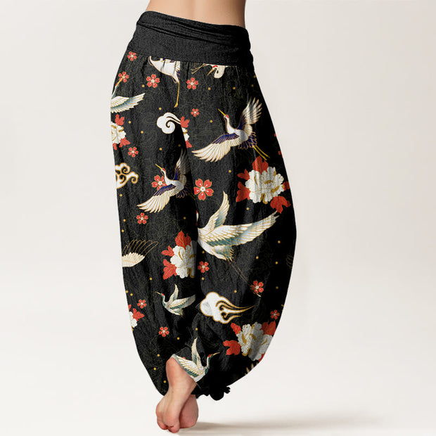 Buddha Stones Casual Red-Crowned Crane Peony Flower Cherry Blossom Pattern Women's Elastic Waist Harem Pants - image 3