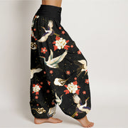 Buddha Stones Casual Red-Crowned Crane Peony Flower Cherry Blossom Pattern Women's Elastic Waist Harem Pants - image 2