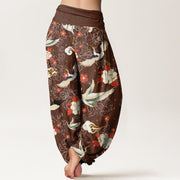 Buddha Stones Casual Red-Crowned Crane Peony Flower Cherry Blossom Pattern Women's Elastic Waist Harem Pants - image 7