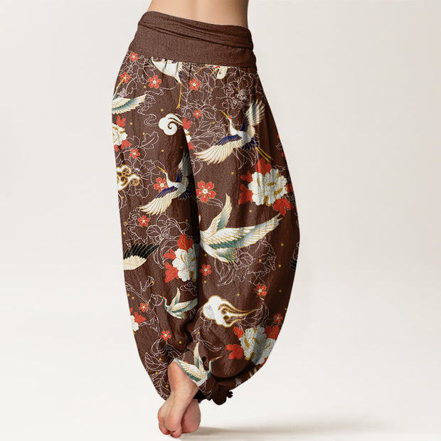 Buddha Stones Casual Red-Crowned Crane Peony Flower Cherry Blossom Pattern Women's Elastic Waist Harem Pants - image 7